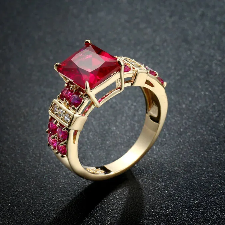 Fashion Yellow Gold Plated Square Green Red Black Zircon Crystal Rings Exquisite Metal Bridal Wedding Rings for Women Jewelry