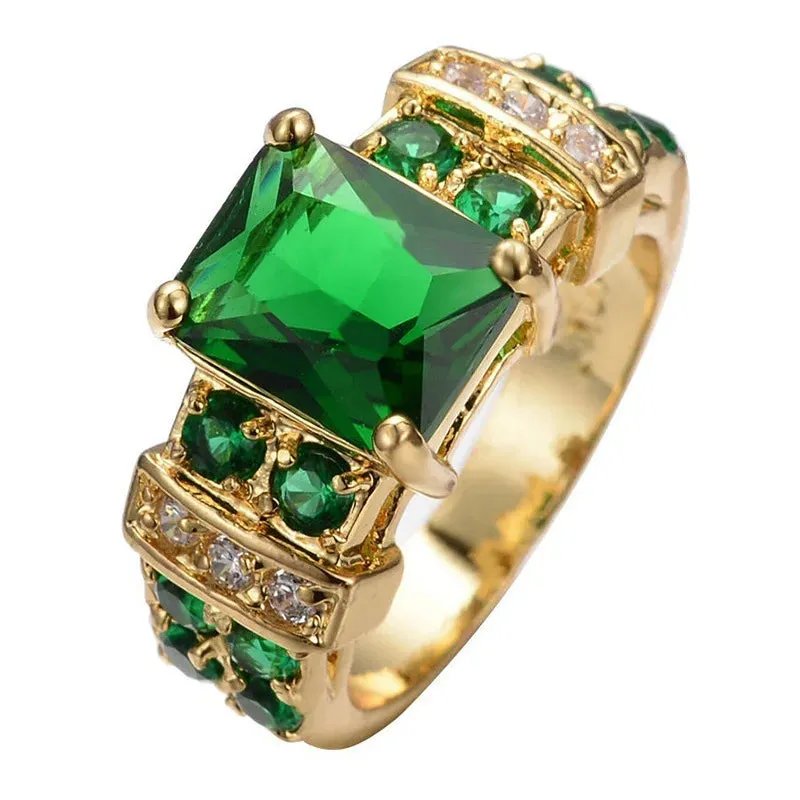 Fashion Yellow Gold Plated Square Green Red Black Zircon Crystal Rings Exquisite Metal Bridal Wedding Rings for Women Jewelry