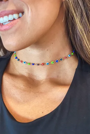 Gold Necklace with Multicolor Evil Eye