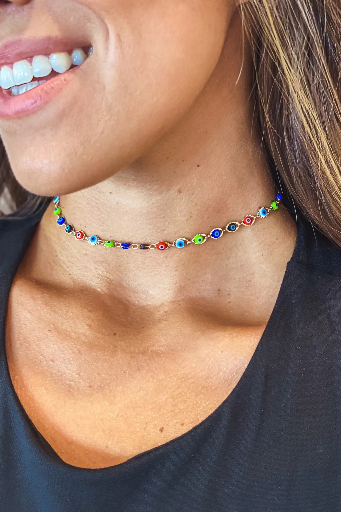 Gold Necklace with Multicolor Evil Eye
