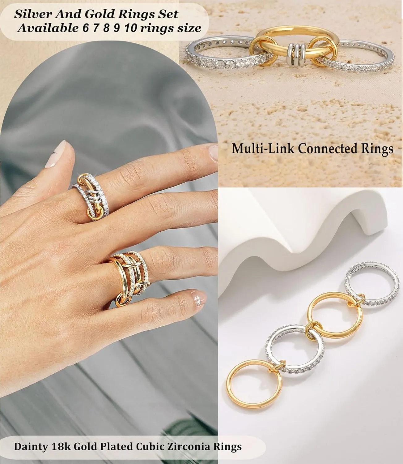 Gold Silver Rings for Women Non Tarnish 18K Gold Plated Stackable Rings Dainty Cubic Zirconia Statement Rings Wedding Band Thumb Ring Mixed Metals Stacking Rings Set Size 6 7 8 9 10 Jewelry Gifts