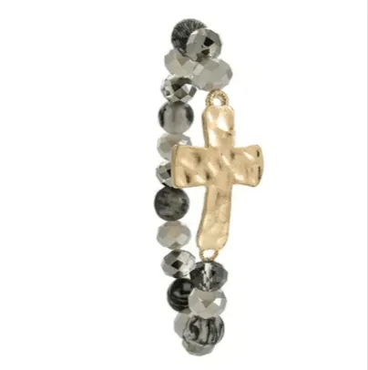 Hammered Cross Natural Stone Bracelets Stretch Variety