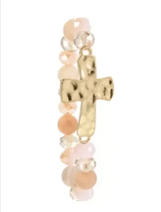 Hammered Cross Natural Stone Bracelets Stretch Variety