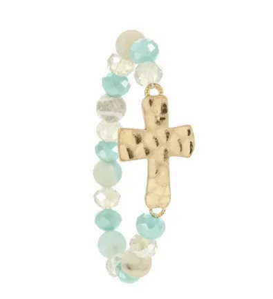 Hammered Cross Natural Stone Bracelets Stretch Variety