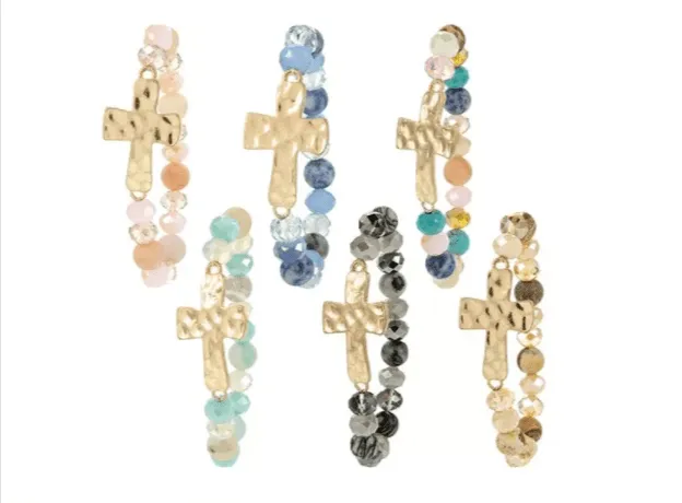 Hammered Cross Natural Stone Bracelets Stretch Variety