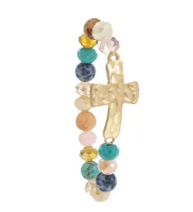 Hammered Cross Natural Stone Bracelets Stretch Variety