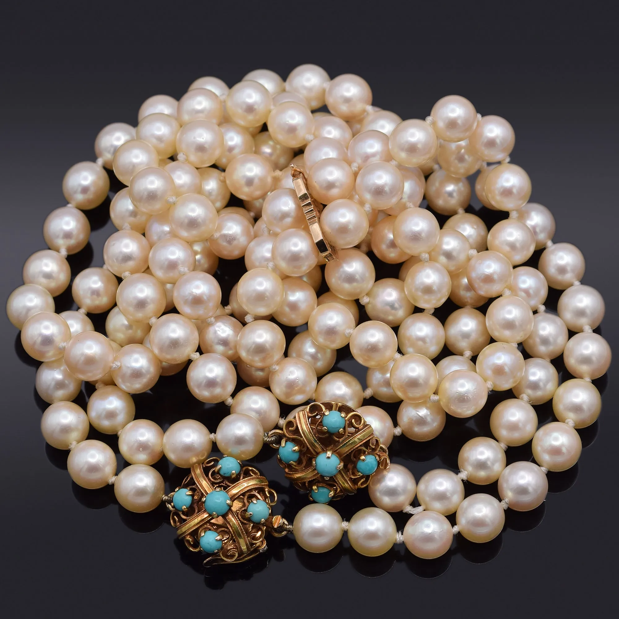 Lot of 2 Estate T.Y.L. 14K Gold Sea Pearl & Turquoise Beaded Strand Necklaces