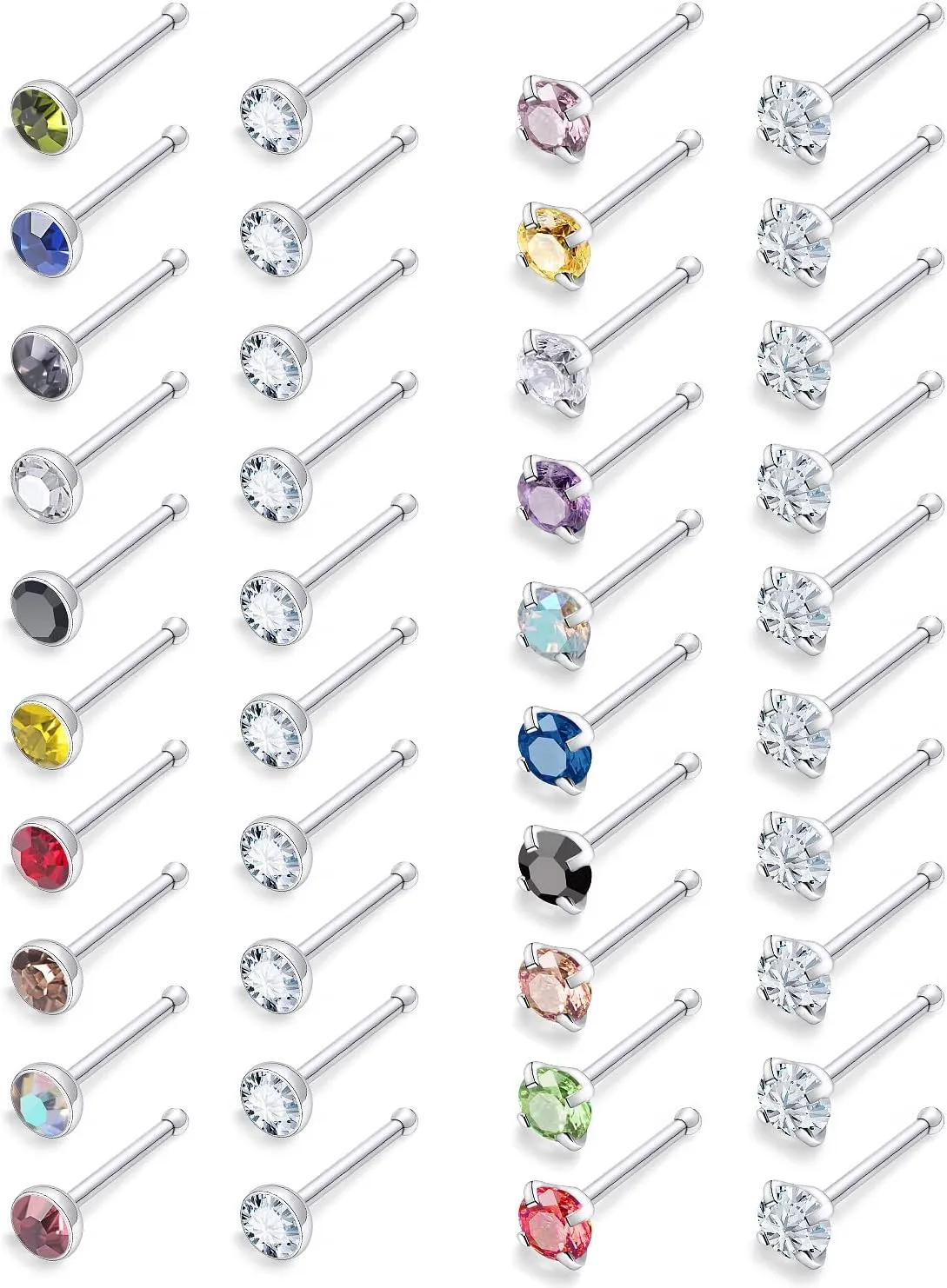 Lsnevsie 18G 20G 22G Surgical Steel Nose Rings Studs for Women Men Nose Piercing Jewelry Top Diamond CZ 1.5mm 2mm 2.5mm 3mm 40PCS