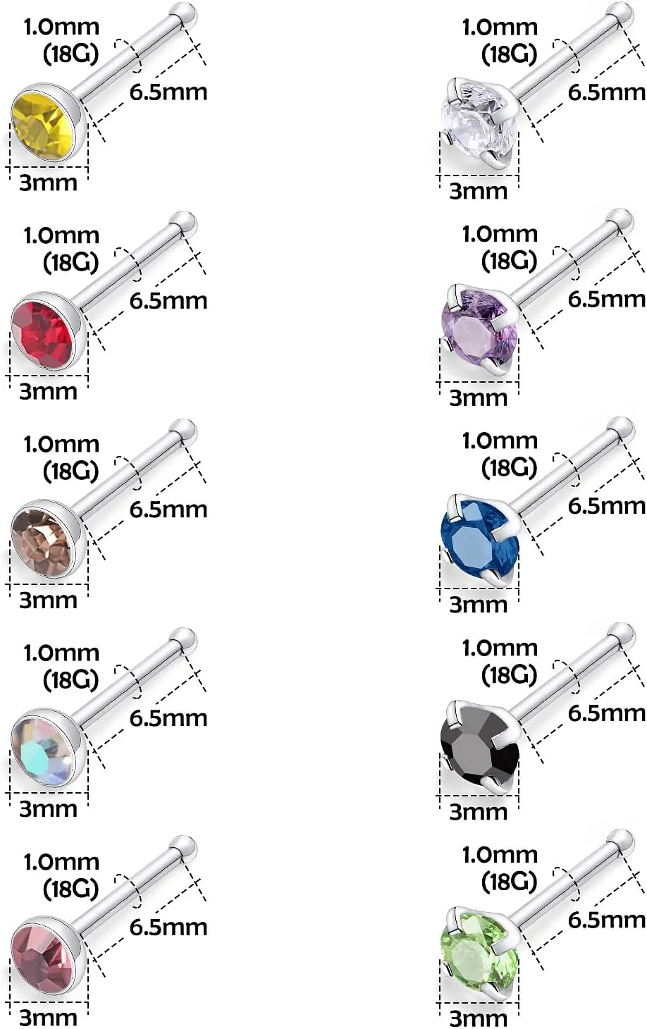 Lsnevsie 18G 20G 22G Surgical Steel Nose Rings Studs for Women Men Nose Piercing Jewelry Top Diamond CZ 1.5mm 2mm 2.5mm 3mm 40PCS
