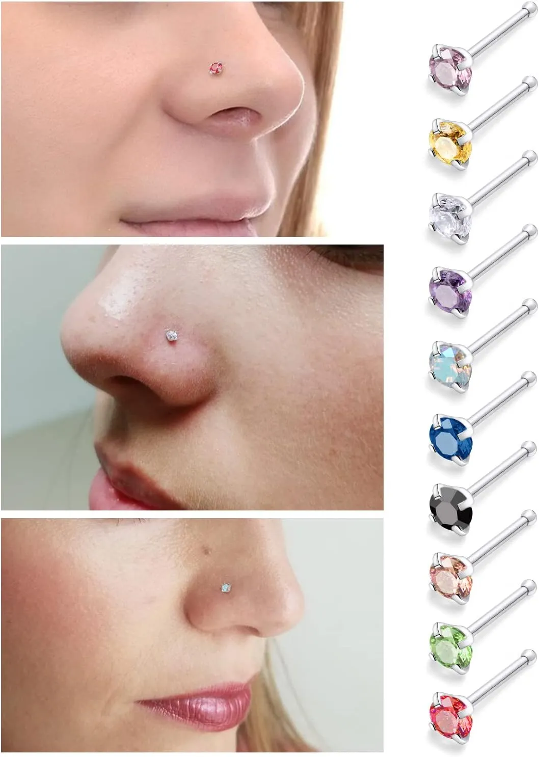 Lsnevsie 18G 20G 22G Surgical Steel Nose Rings Studs for Women Men Nose Piercing Jewelry Top Diamond CZ 1.5mm 2mm 2.5mm 3mm 40PCS