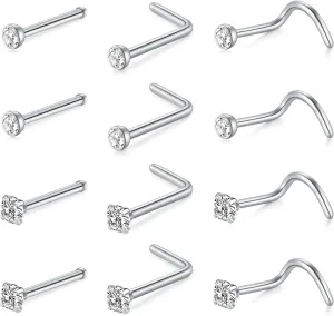 Mayhoop 20G Stainless Steel Nose Rings Nose Studs L Shape Nose Rings Studs Nose Screw Bone Diamond Corkscrew Nose Ring Nostril Nose Piercing Jewelry