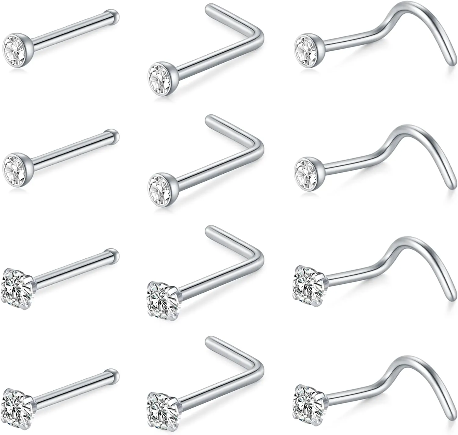 Mayhoop 20G Stainless Steel Nose Rings Nose Studs L Shape Nose Rings Studs Nose Screw Bone Diamond Corkscrew Nose Ring Nostril Nose Piercing Jewelry