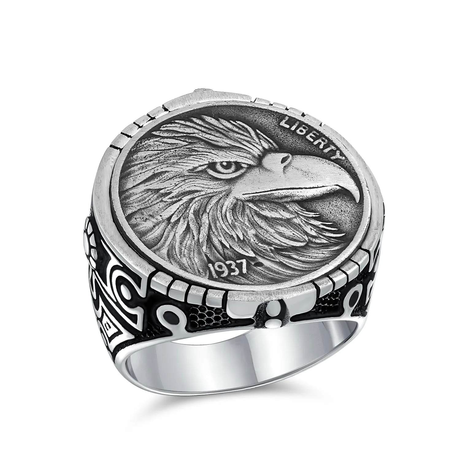 Mens Silver Ring with Patriotic USA Eagle Head Coin Design Oxidized .925 Sterling