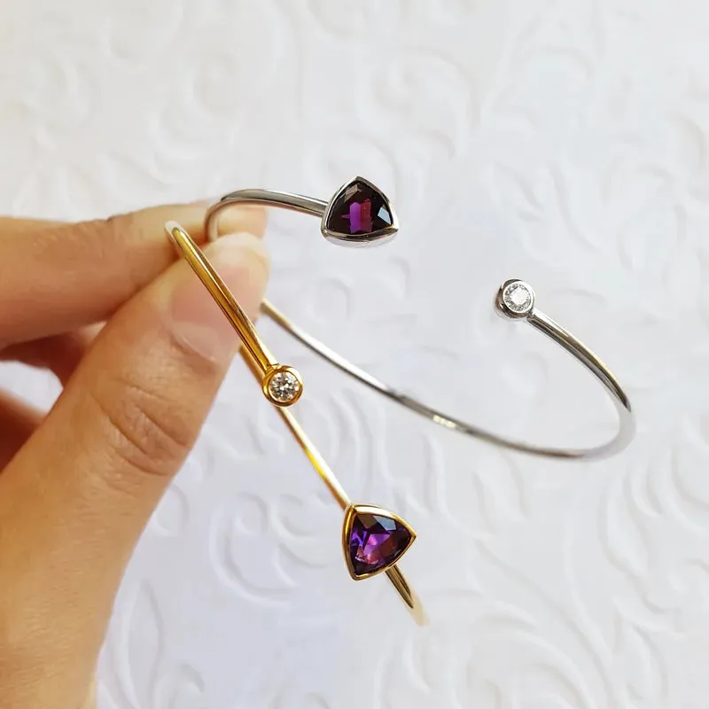 Natural Bezel Set Trillion Cut Amethyst Cuff Statement Bracelet For Women - 925 Sterling Silver Bracelet