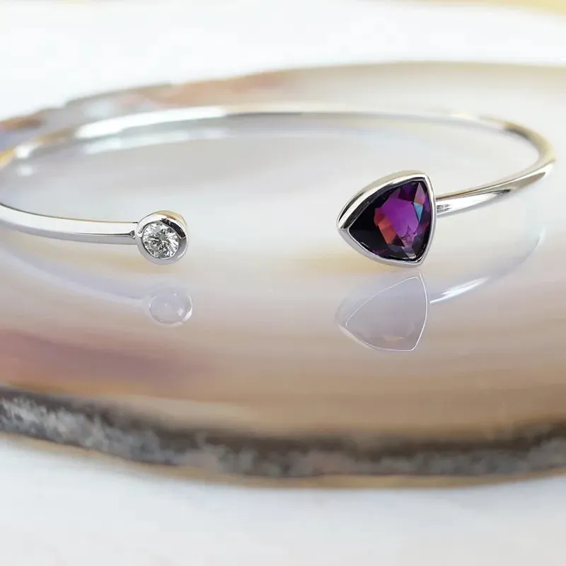 Natural Bezel Set Trillion Cut Amethyst Cuff Statement Bracelet For Women - 925 Sterling Silver Bracelet