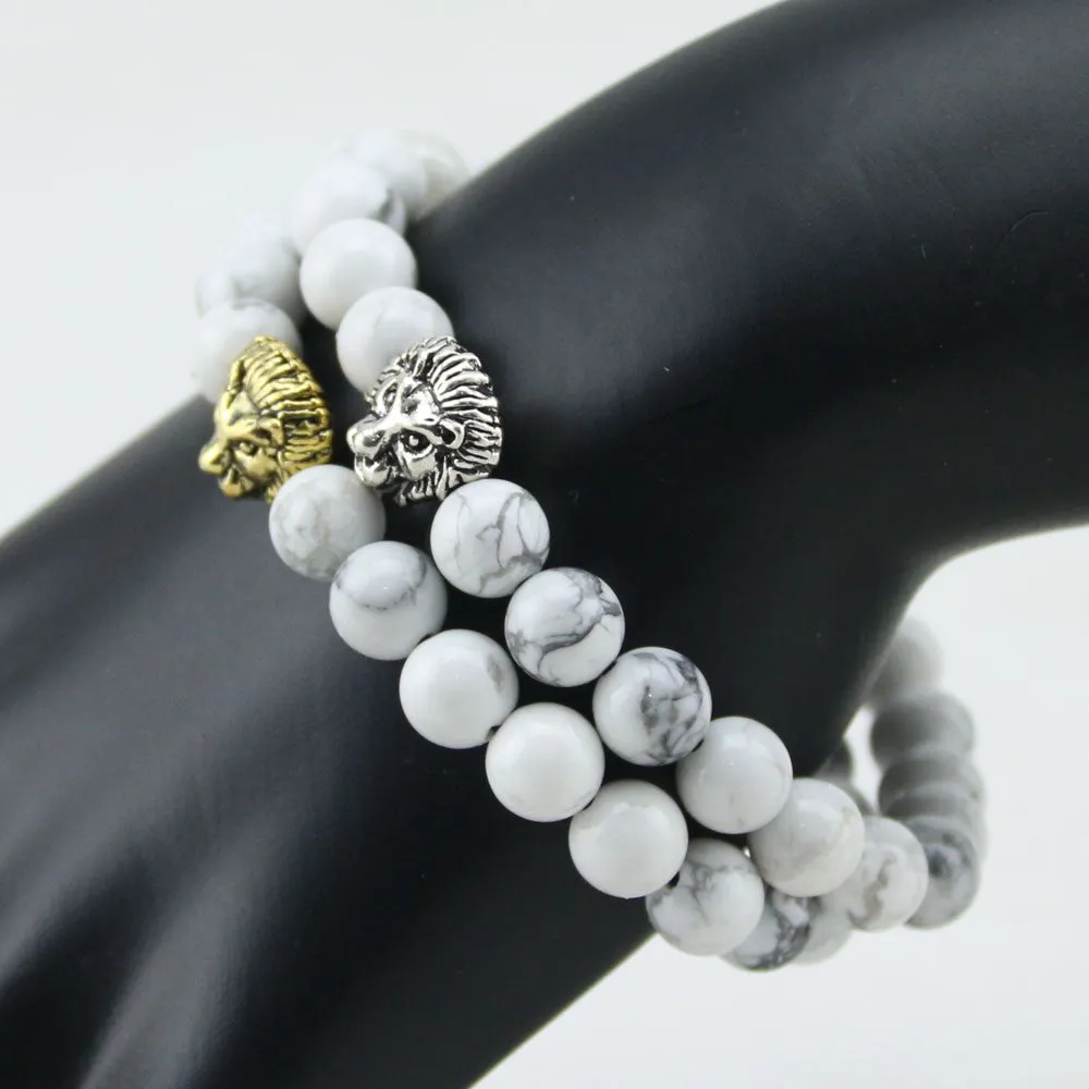 Natural White Turquoise Stone Beads Bracelet for Women Antique Silver and Gold Lion Head Bracelets High Grade Mens Jewelry