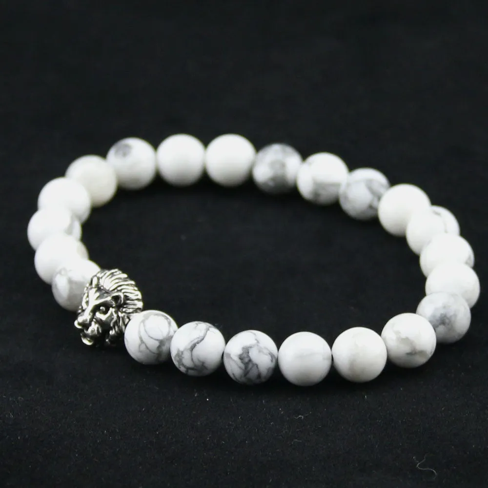 Natural White Turquoise Stone Beads Bracelet for Women Antique Silver and Gold Lion Head Bracelets High Grade Mens Jewelry