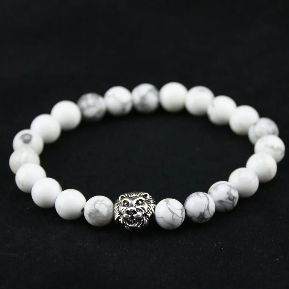Natural White Turquoise Stone Beads Bracelet for Women Antique Silver and Gold Lion Head Bracelets High Grade Mens Jewelry