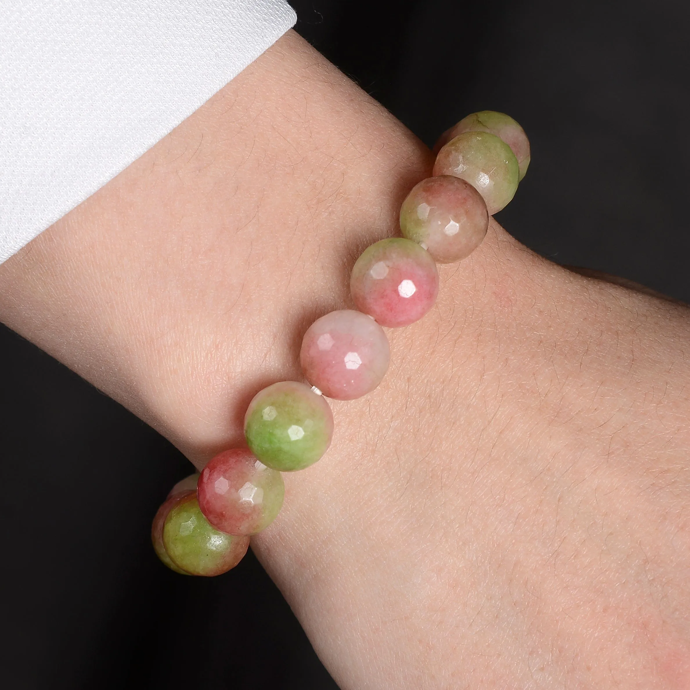 Pink & Green Agate Faceted Natural 12mm Gemstone Bead Elastic Bracelet