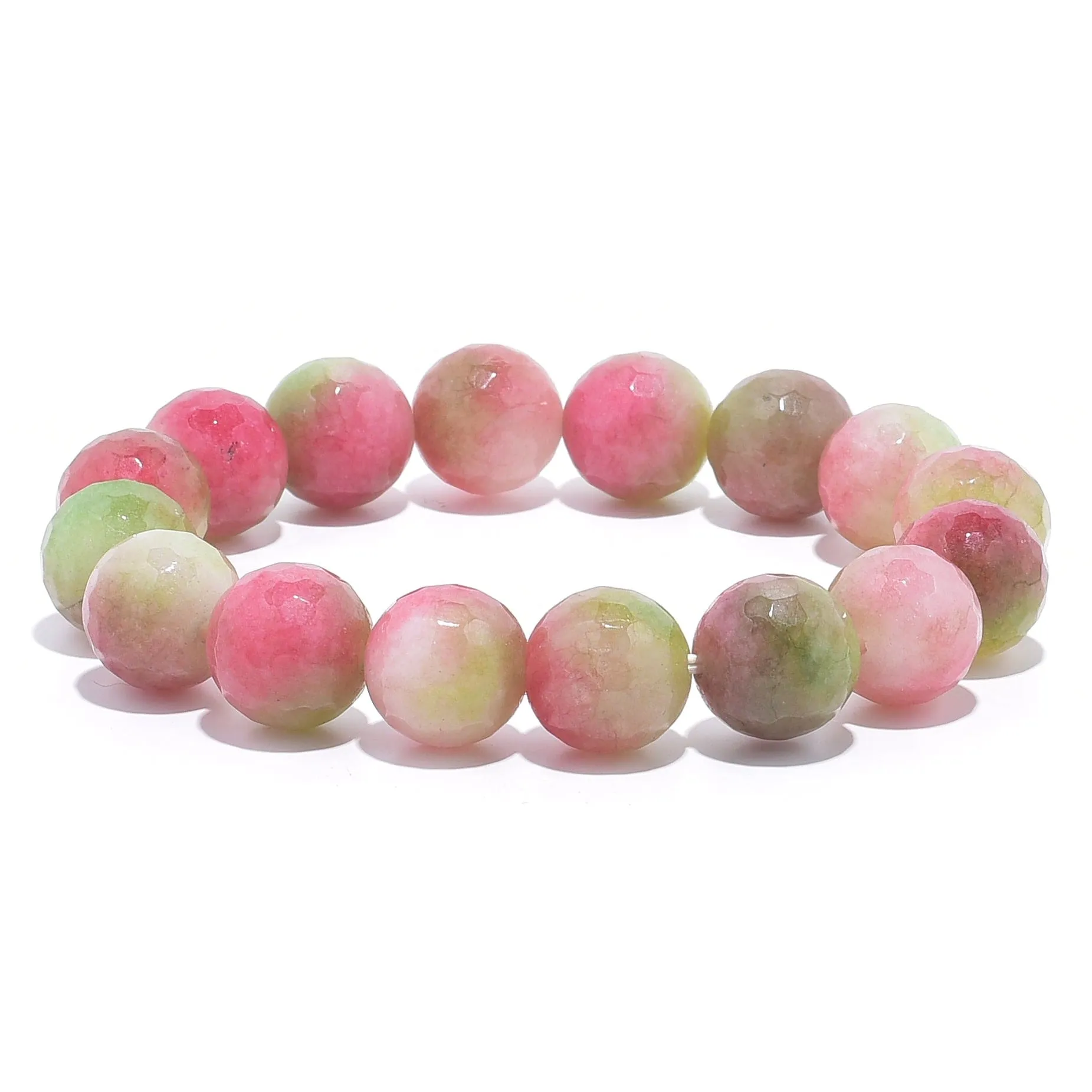 Pink & Green Agate Faceted Natural 12mm Gemstone Bead Elastic Bracelet