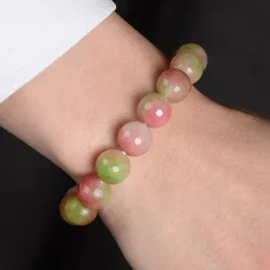 Pink & Green Agate Faceted Natural 12mm Gemstone Bead Elastic Bracelet
