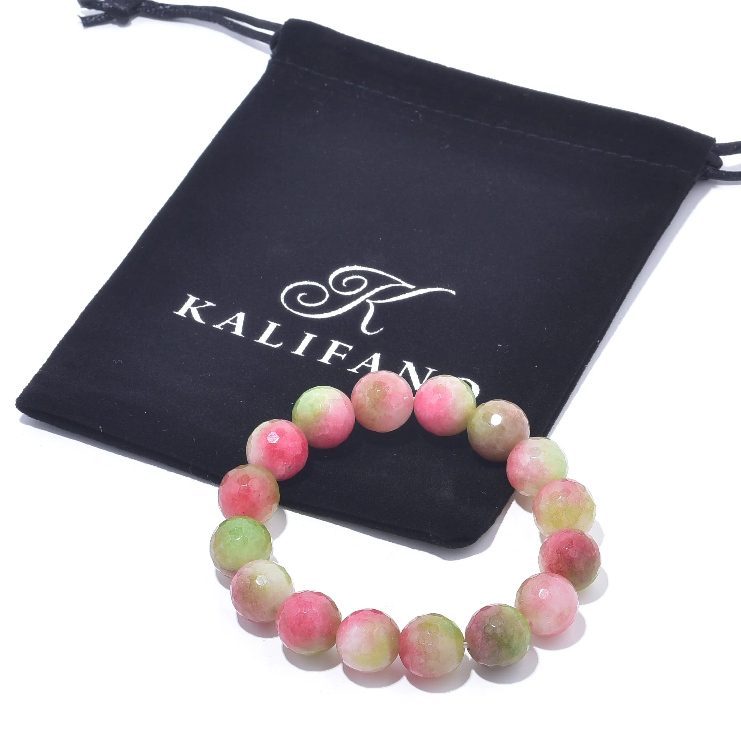 Pink & Green Agate Faceted Natural 12mm Gemstone Bead Elastic Bracelet