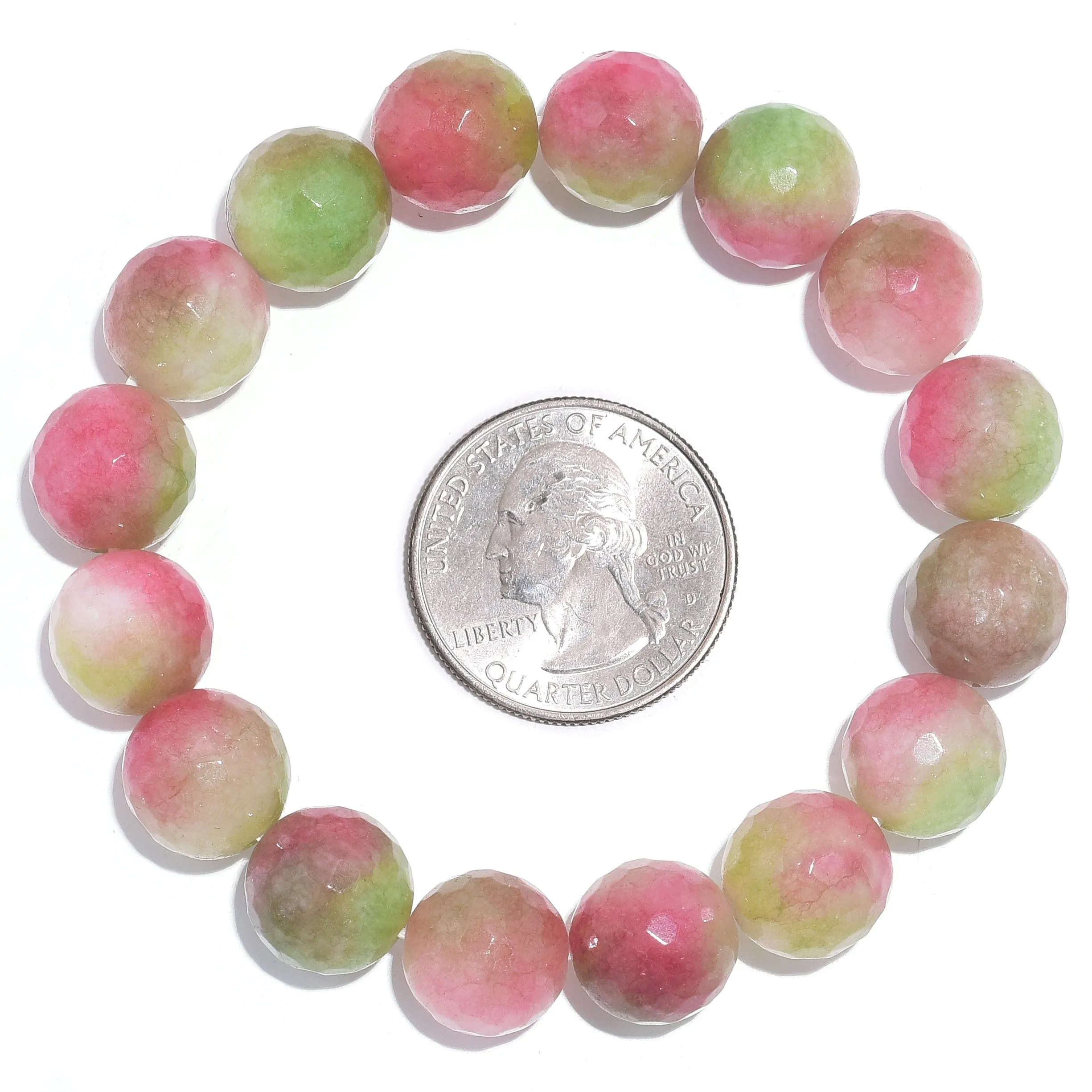 Pink & Green Agate Faceted Natural 12mm Gemstone Bead Elastic Bracelet