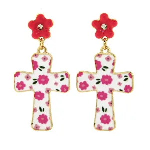  Pink Floral Cross Drop Earrings with Crystal Flower Post