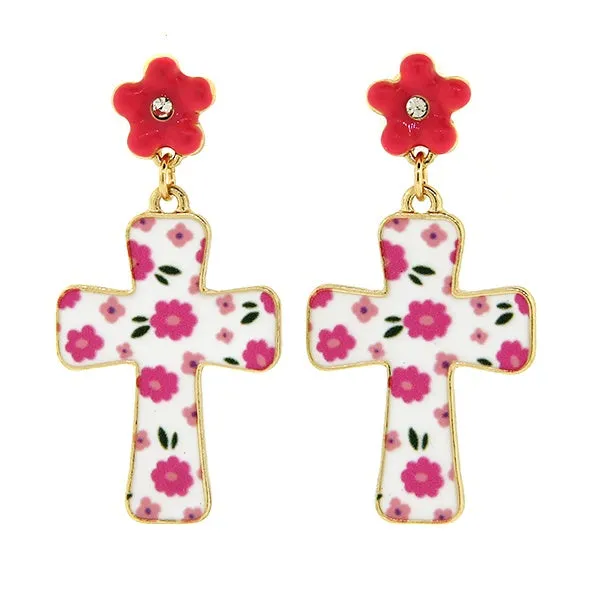  Pink Floral Cross Drop Earrings with Crystal Flower Post