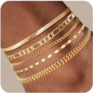 Plus Size Gold Ankle Bracelets for Women Big Ankles, 10" 2" Adjustable Ankle 14K Real Gold Plated Cuban Link Chain Figaro Snake Herringbone Extra Large Anklet Bracelets,Summer Beach Foot Jewelry