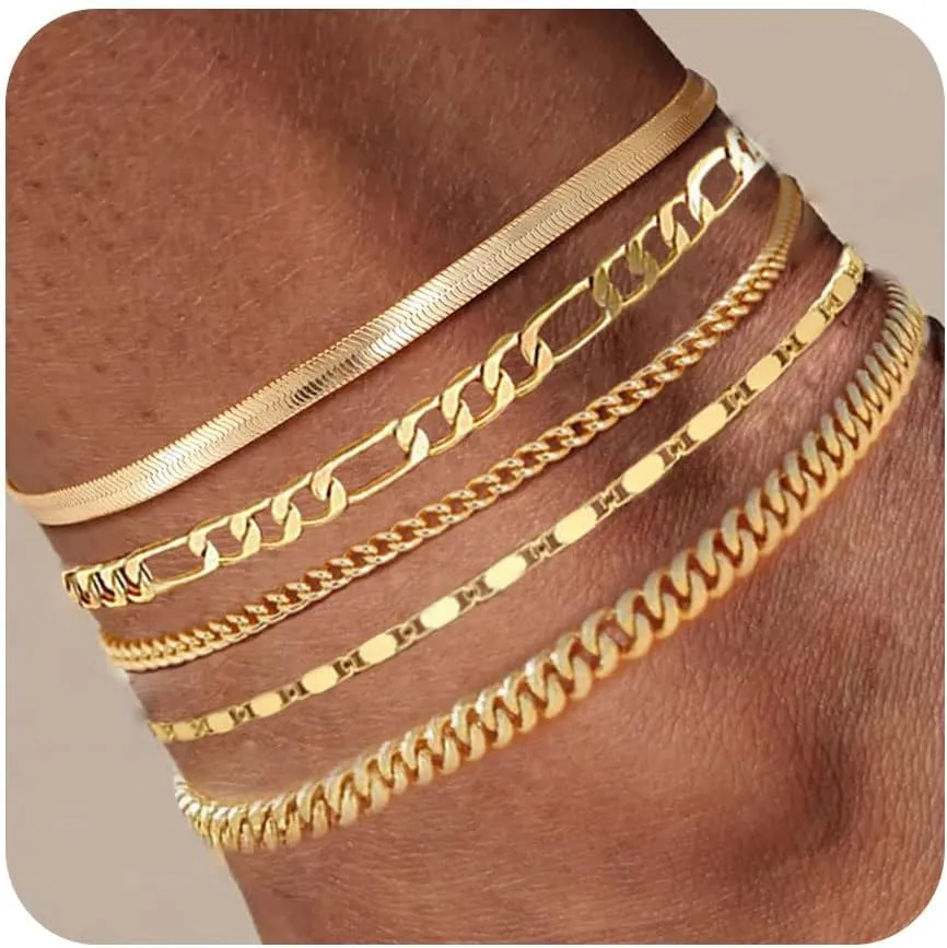 Plus Size Gold Ankle Bracelets for Women Big Ankles, 10" 2" Adjustable Ankle 14K Real Gold Plated Cuban Link Chain Figaro Snake Herringbone Extra Large Anklet Bracelets,Summer Beach Foot Jewelry