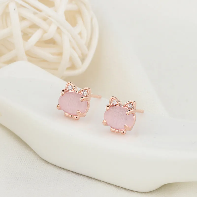 Rose Gold Sterling Silver Kitten Earrings with Crystal Hibiscus Stone