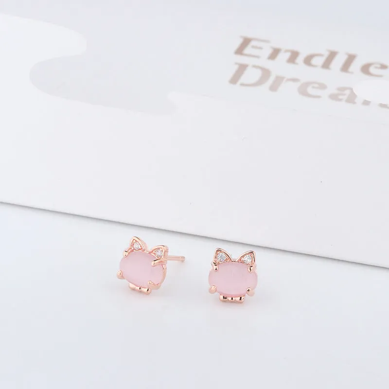 Rose Gold Sterling Silver Kitten Earrings with Crystal Hibiscus Stone