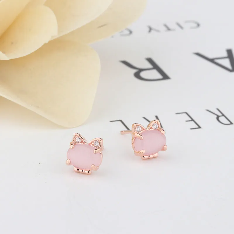 Rose Gold Sterling Silver Kitten Earrings with Crystal Hibiscus Stone