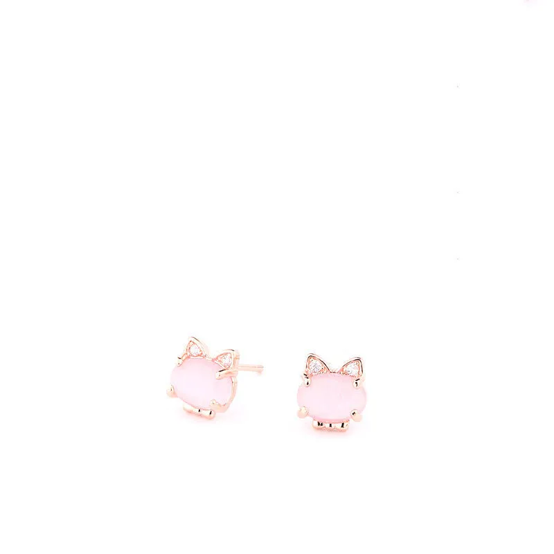 Rose Gold Sterling Silver Kitten Earrings with Crystal Hibiscus Stone
