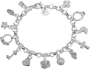 Rrdaily Charm Silver Thirteen Hanging Pieces Bracelet for Women, Lucky Myth Charms Cross Heart Star Bracelets Lovers Friends Jewelry Gifts