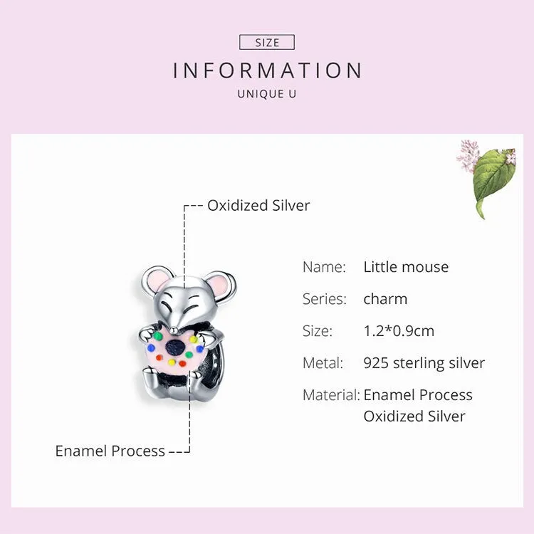 S925 Silver Cute Little Mouse Charm Beads