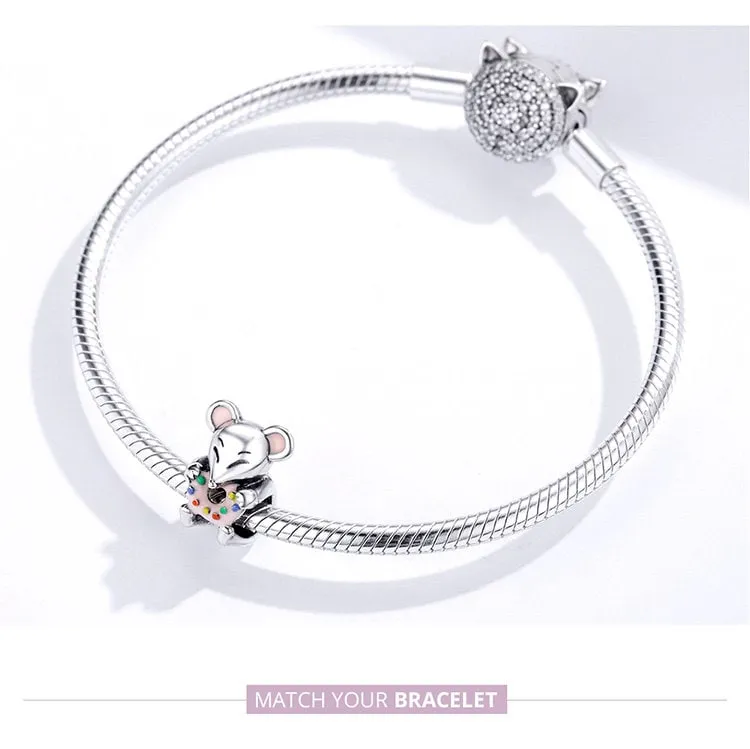 S925 Silver Cute Little Mouse Charm Beads