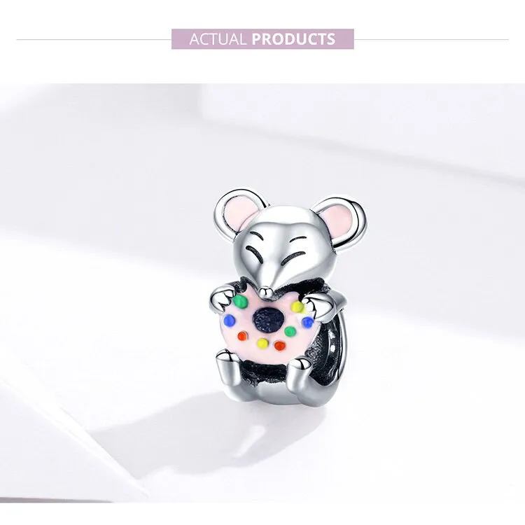 S925 Silver Cute Little Mouse Charm Beads