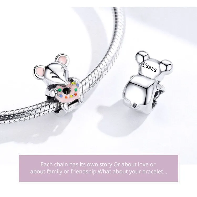 S925 Silver Cute Little Mouse Charm Beads