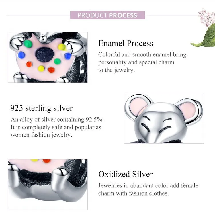 S925 Silver Cute Little Mouse Charm Beads