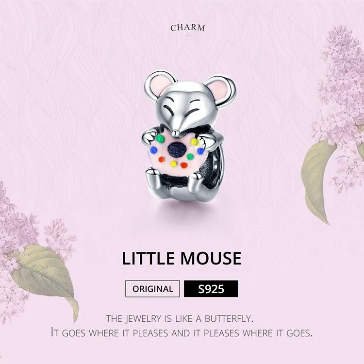 S925 Silver Cute Little Mouse Charm Beads