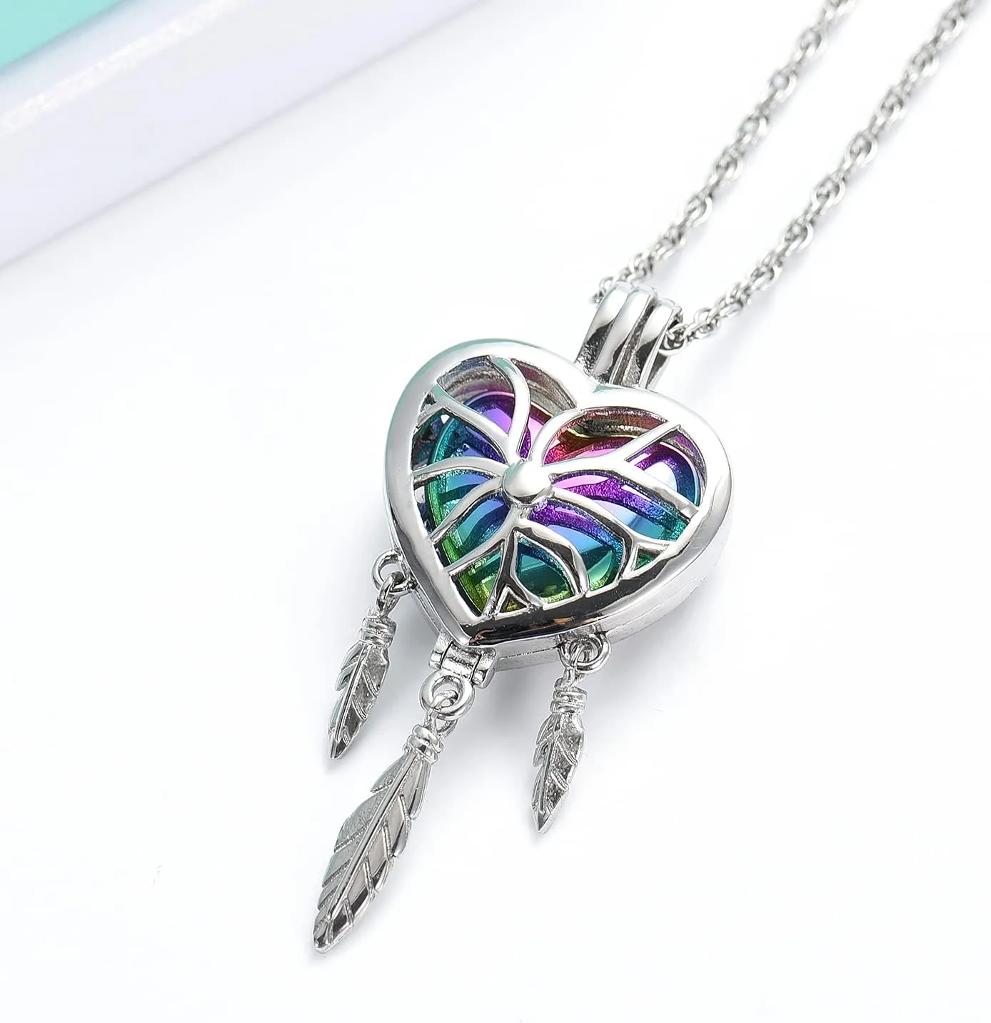 shajwo Dream Catcher Urn Necklace Heart Cremation Jewelry for Ashes for Women Men Angel Wing Flower Memorial Hollow Pendant