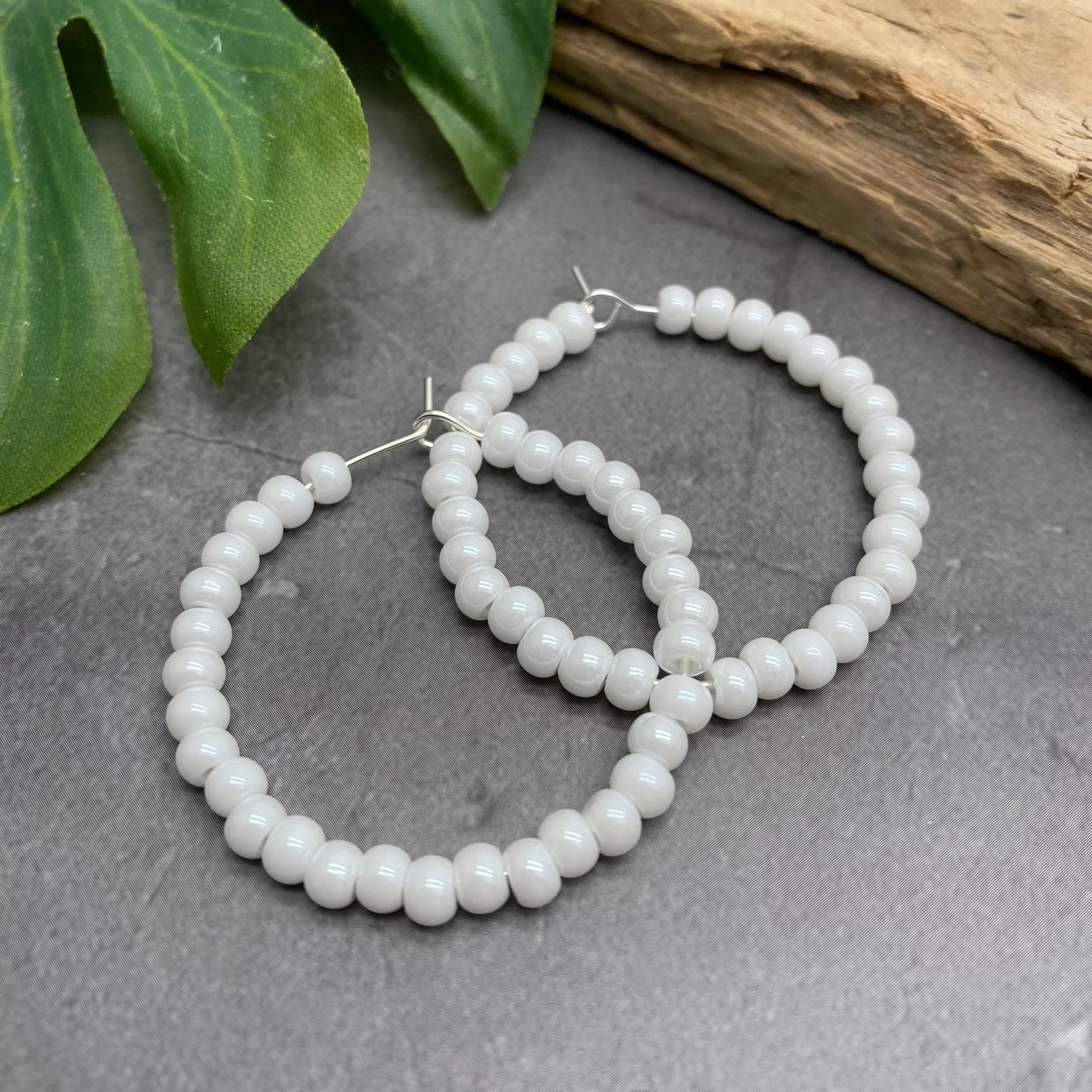 Shimmery White Seed Bead Hoops 35mm