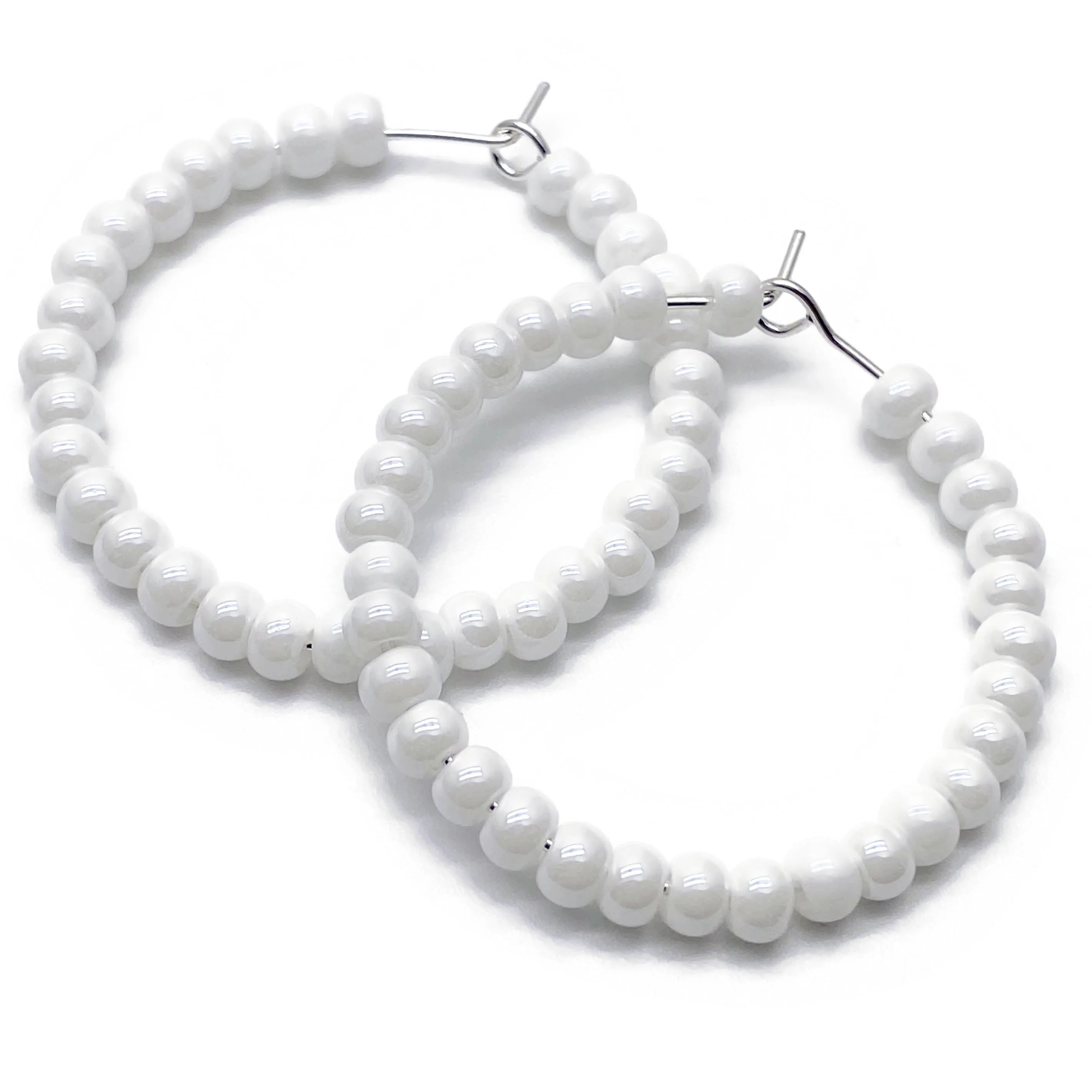 Shimmery White Seed Bead Hoops 35mm