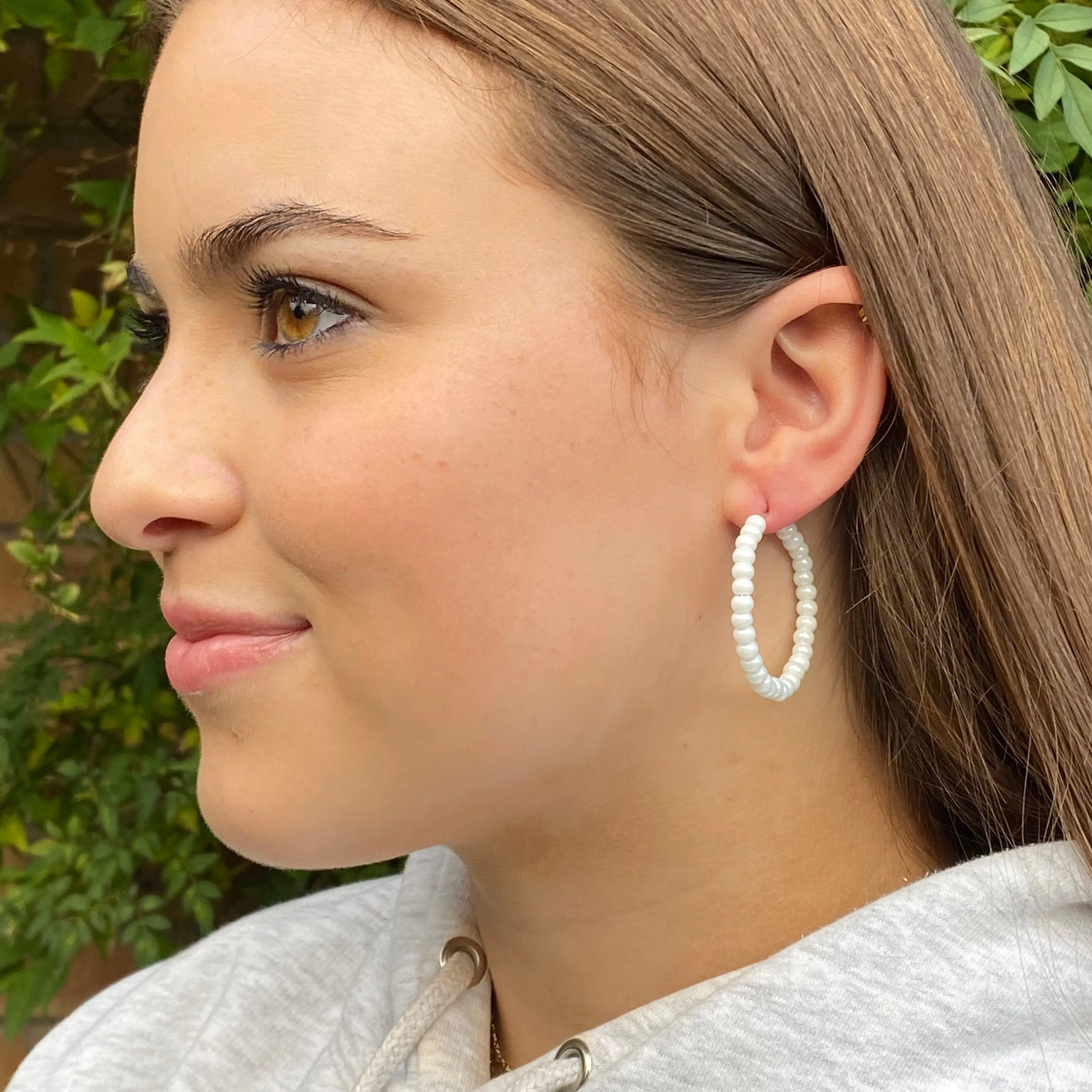 Shimmery White Seed Bead Hoops 35mm