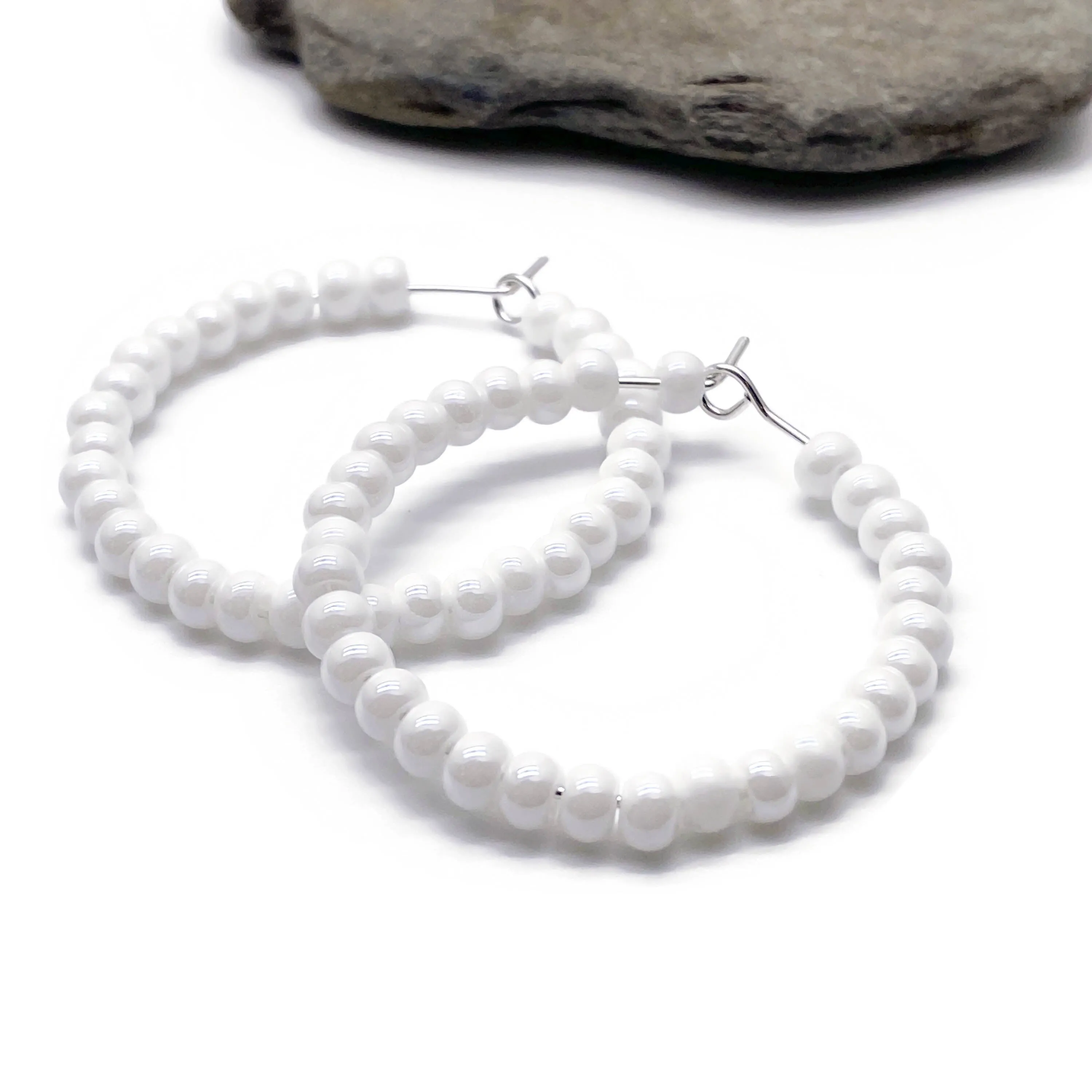 Shimmery White Seed Bead Hoops 35mm