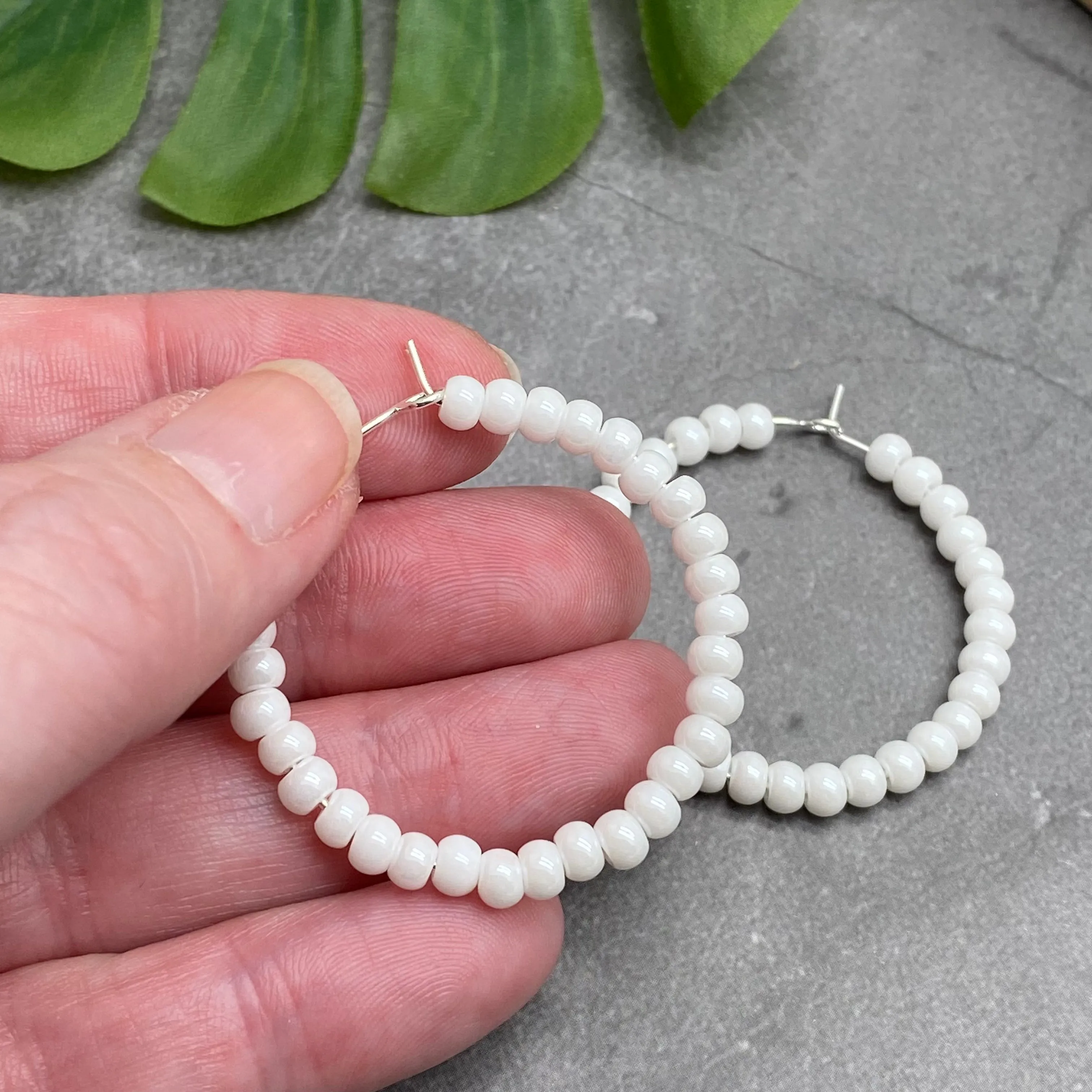 Shimmery White Seed Bead Hoops 35mm