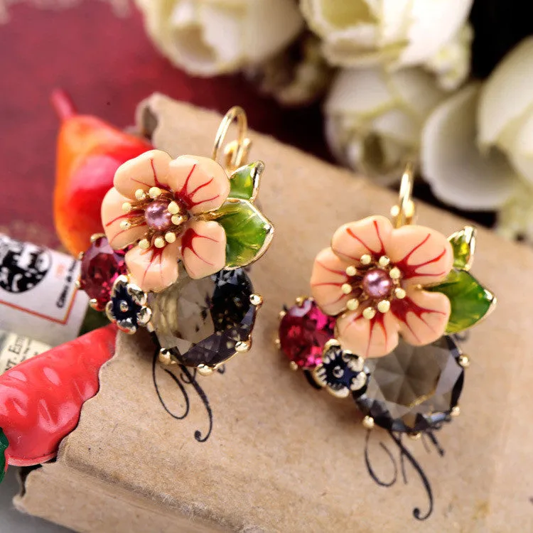 Shiny Gold Fresh Earring Summer New Arrival Bohemia Glass Enamel Flower Earring Accessories Feminine