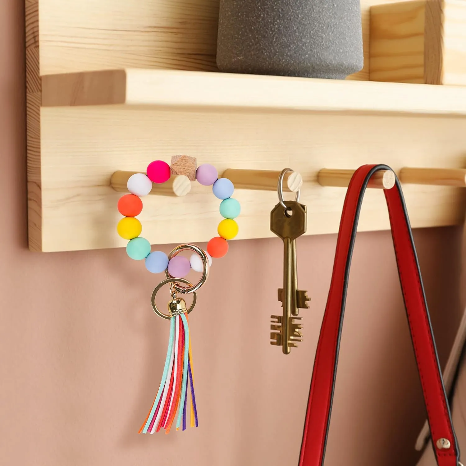 Silicone Key Ring Bracelets Wristlet Keychain Car Beaded Key Ring Bangle Chains for Women